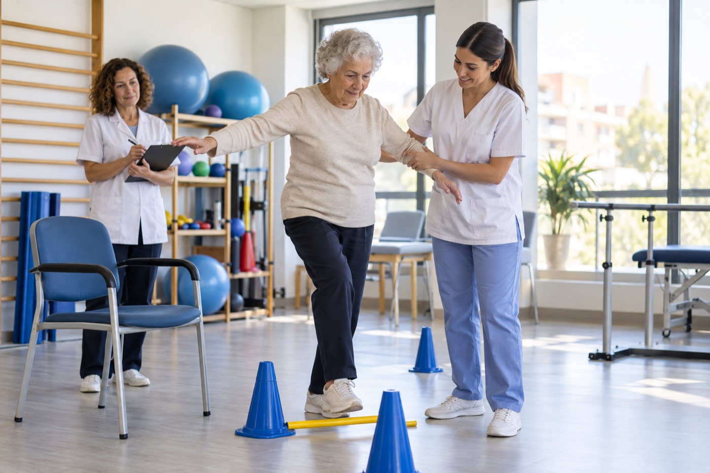 Persona mayor realizando un ejercicio de equilibrio con apoyo profesional